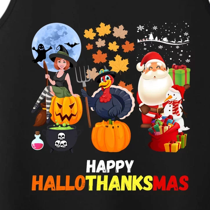 Happy Hallothanksmas Funny Halloween Thanksgiving Christmas Performance Tank