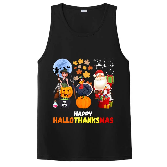 Happy Hallothanksmas Funny Halloween Thanksgiving Christmas Performance Tank