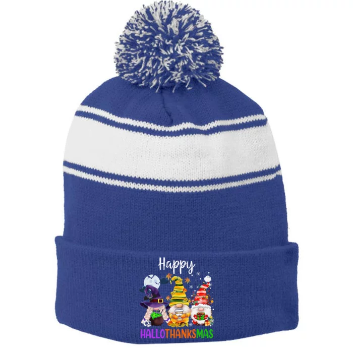 Happy Hallothanksmas Gnomes Halloween Thanksgiving Christmas Funny Stripe Pom Pom Beanie