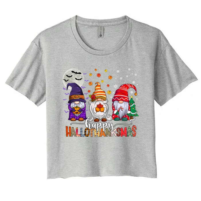 Happy Hallothanksmas Gnomes Lover Halloween Merry Christmas Gift Women's Crop Top Tee