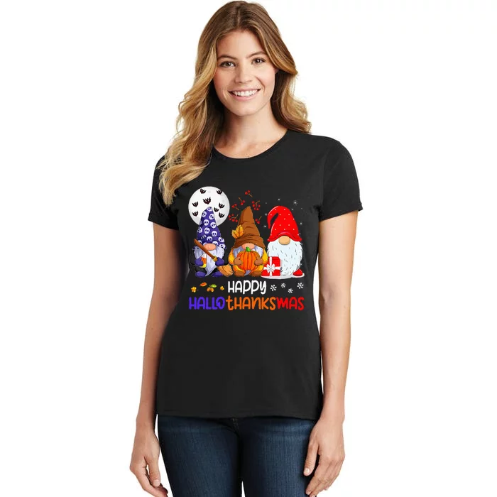 Happy Hallothanksmas Gnomes Halloween Thanksgiving Christmas Women's T-Shirt