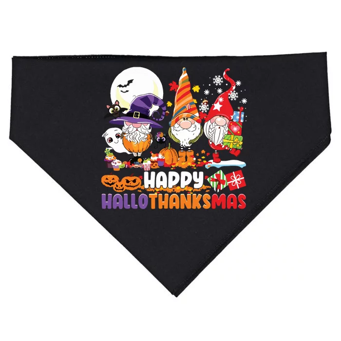 Happy Hallothanksmas Gnome Halloween Thanksgiving Christmas USA-Made Doggie Bandana