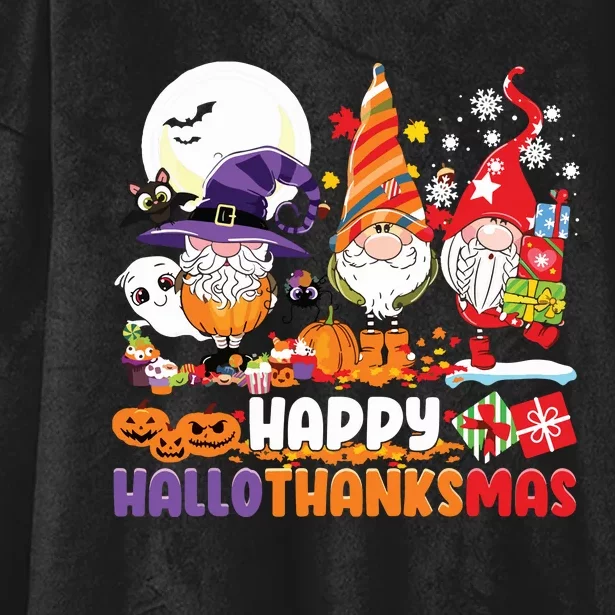 Happy Hallothanksmas Gnome Halloween Thanksgiving Christmas Hooded Wearable Blanket