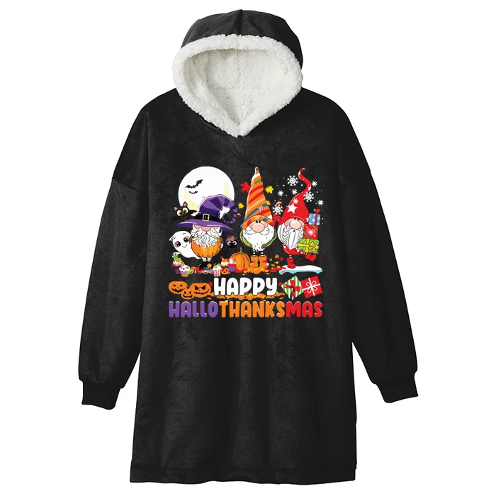 Happy Hallothanksmas Gnome Halloween Thanksgiving Christmas Hooded Wearable Blanket