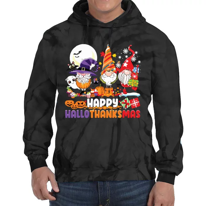 Happy Hallothanksmas Gnome Halloween Thanksgiving Christmas Tie Dye Hoodie