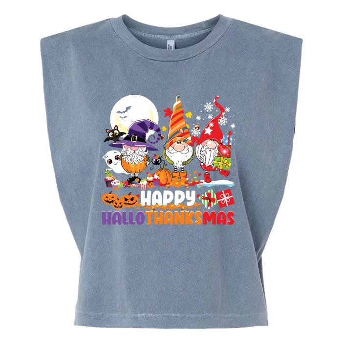 Happy Hallothanksmas Gnome Halloween Thanksgiving Christmas Garment-Dyed Women's Muscle Tee