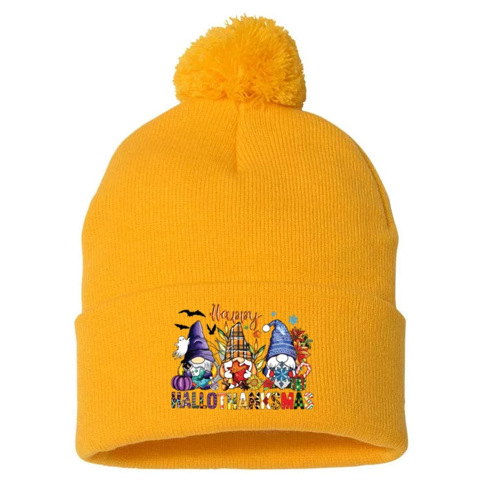 Happy Hallothanksmas Gnomes Halloween Thanksgiving Christmas Pom Pom 12in Knit Beanie