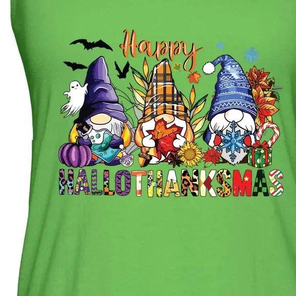 Happy Hallothanksmas Gnomes Halloween Thanksgiving Christmas Ladies Essential Flowy Tank