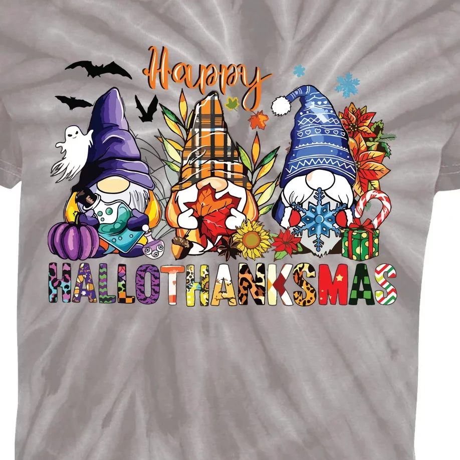 Happy Hallothanksmas Gnomes Halloween Thanksgiving Christmas Kids Tie-Dye T-Shirt