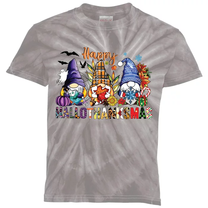 Happy Hallothanksmas Gnomes Halloween Thanksgiving Christmas Kids Tie-Dye T-Shirt