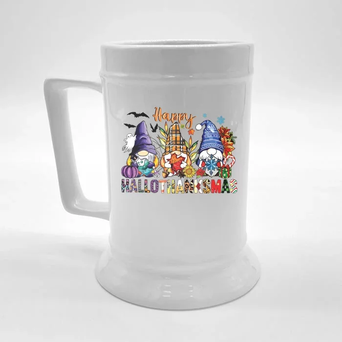 Happy Hallothanksmas Gnomes Halloween Thanksgiving Christmas Front & Back Beer Stein