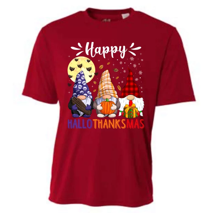 Happy Hallowthanksmas Gnomes Lover Santa Hat Pumpkin Turkey Cooling Performance Crew T-Shirt