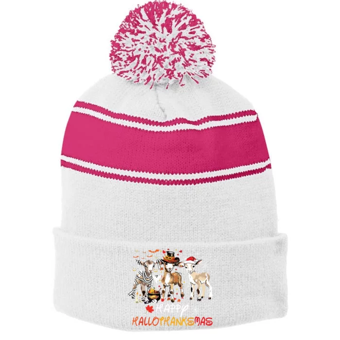 Happy Hallothanksmas Goats Stripe Pom Pom Beanie