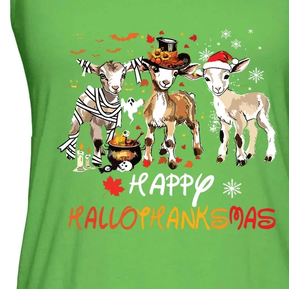 Happy Hallothanksmas Goats Ladies Essential Flowy Tank