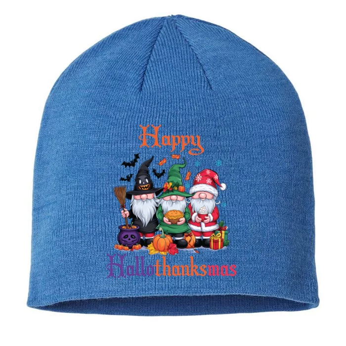 Happy Hallothanksmas Gnomes Halloween Thanksgiving Christmas Funny Gift 8 1/2in Sustainable Knit Beanie