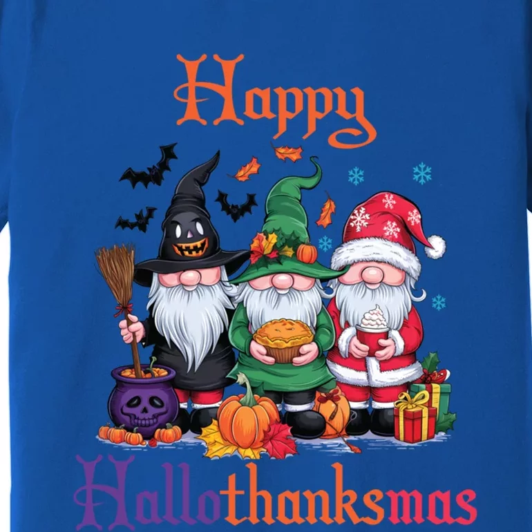 Happy Hallothanksmas Gnomes Halloween Thanksgiving Christmas Funny Gift Premium T-Shirt