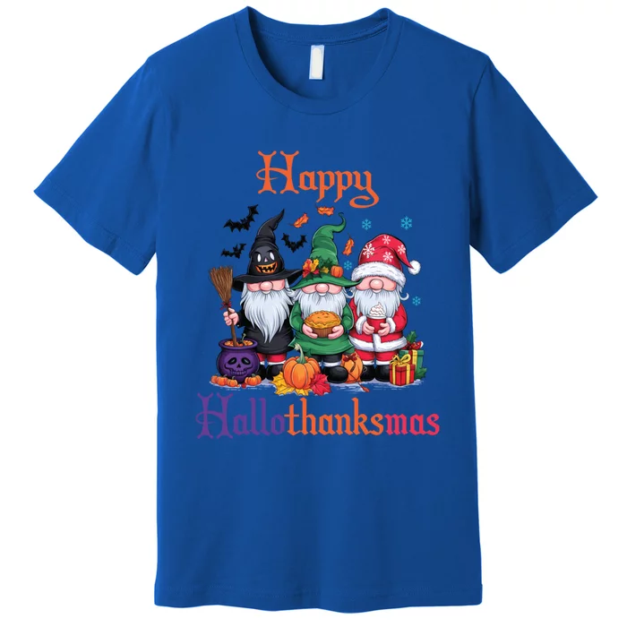 Happy Hallothanksmas Gnomes Halloween Thanksgiving Christmas Funny Gift Premium T-Shirt