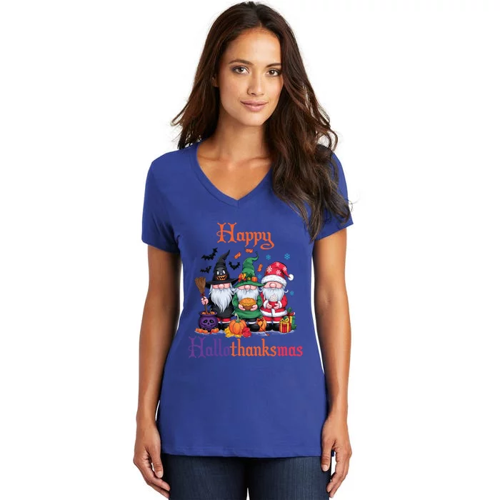 Happy Hallothanksmas Gnomes Halloween Thanksgiving Christmas Funny Gift Women's V-Neck T-Shirt