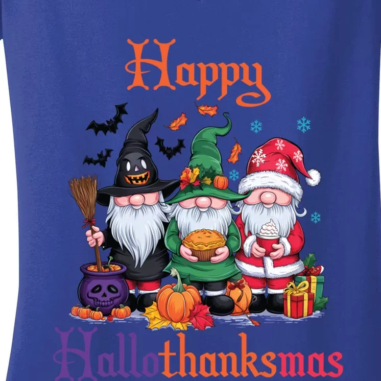 Happy Hallothanksmas Gnomes Halloween Thanksgiving Christmas Funny Gift Women's V-Neck T-Shirt