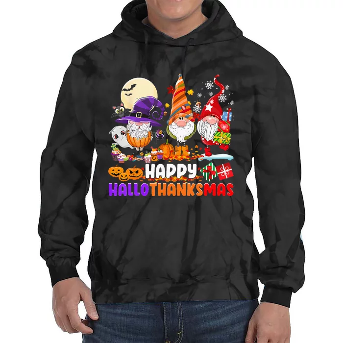 Happy Hallothanksmas Gnomes Halloween Thanksgiving Christmas Tie Dye Hoodie