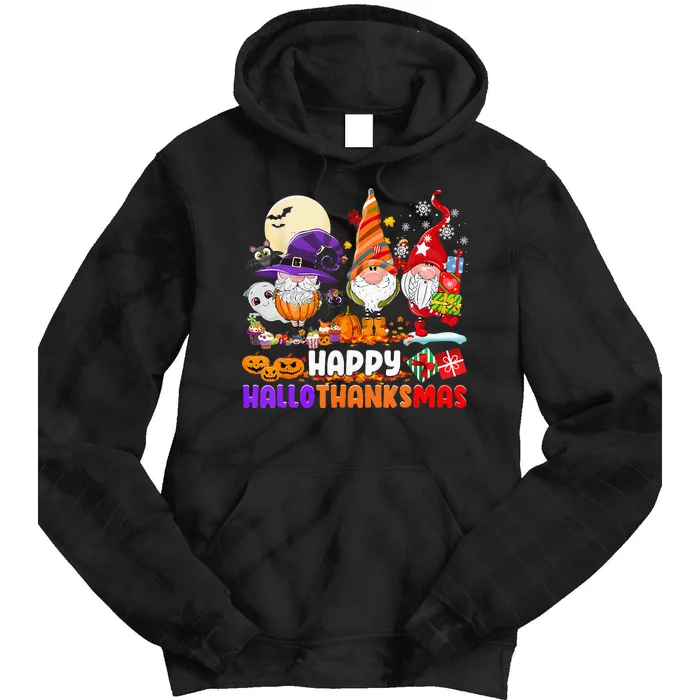 Happy Hallothanksmas Gnomes Halloween Thanksgiving Christmas Tie Dye Hoodie