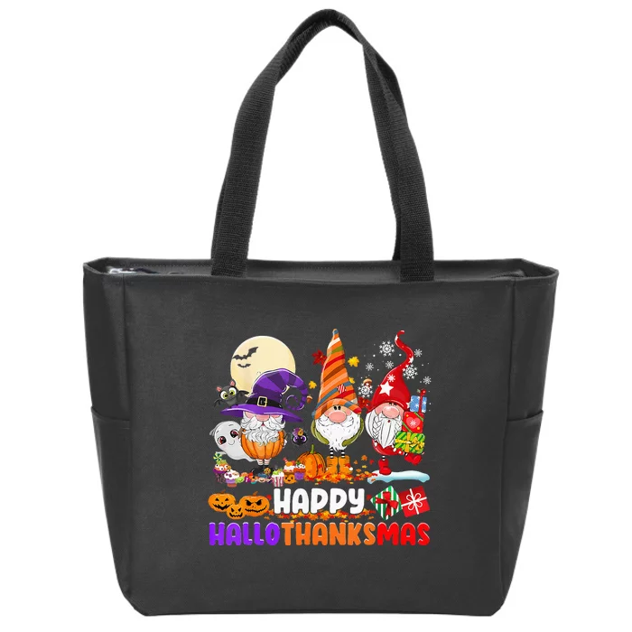 Happy Hallothanksmas Gnomes Halloween Thanksgiving Christmas Zip Tote Bag