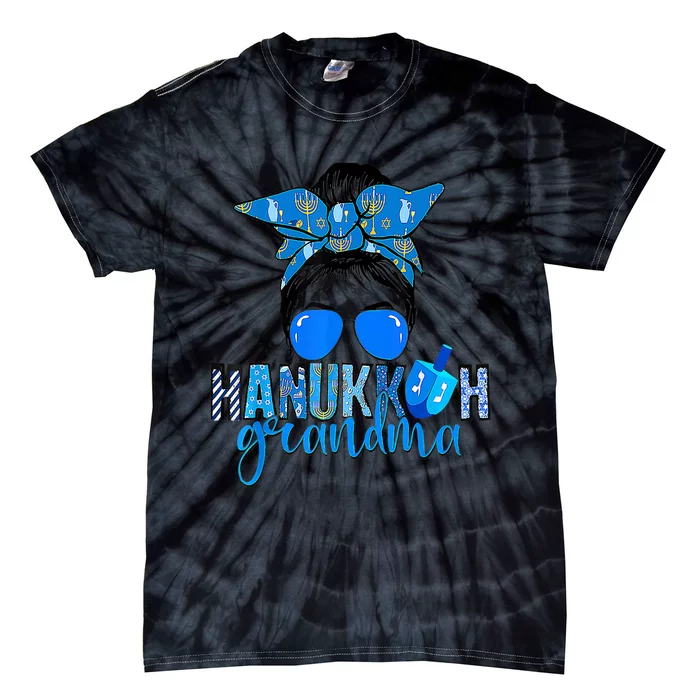 Happy Hanukkah Grandma Messy Bun Jewish Christmas Pajama Tie-Dye T-Shirt