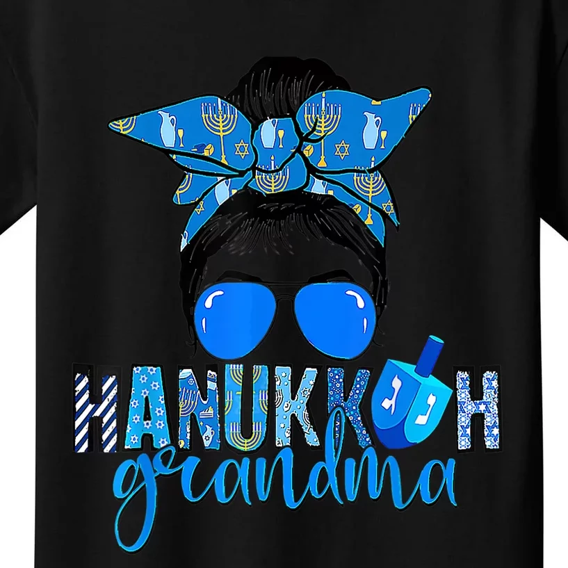 Happy Hanukkah Grandma Messy Bun Jewish Christmas Pajama Kids T-Shirt