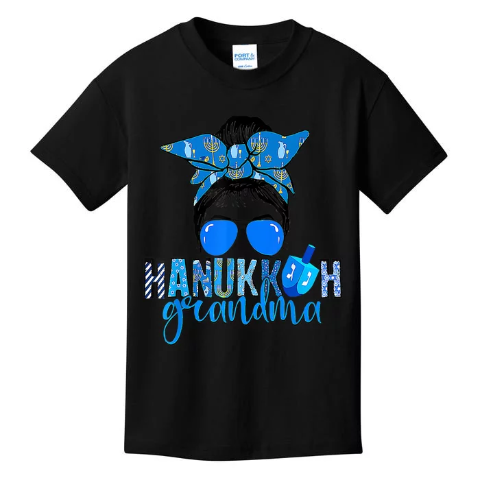 Happy Hanukkah Grandma Messy Bun Jewish Christmas Pajama Kids T-Shirt