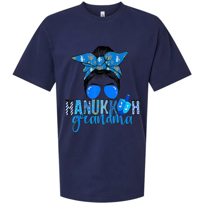 Happy Hanukkah Grandma Messy Bun Jewish Christmas Pajama Sueded Cloud Jersey T-Shirt