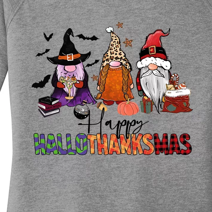 Happy Hallothanksmas Gnomes Plaid Leopard Christmas Gnome Women's Perfect Tri Tunic Long Sleeve Shirt