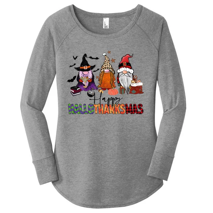 Happy Hallothanksmas Gnomes Plaid Leopard Christmas Gnome Women's Perfect Tri Tunic Long Sleeve Shirt