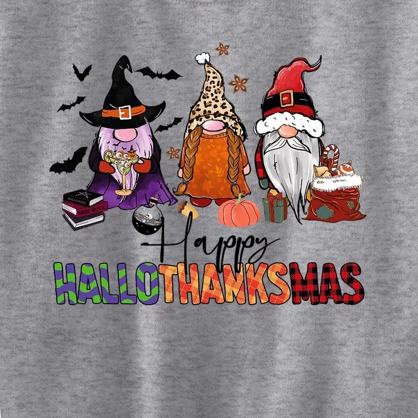 Happy Hallothanksmas Gnomes Plaid Leopard Christmas Gnome Kids Sweatshirt