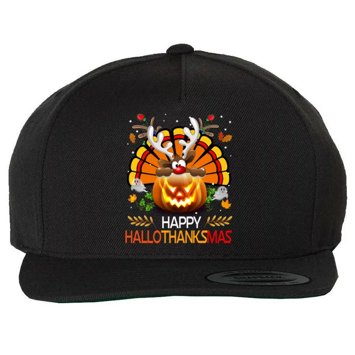 Happy Hallothanksmas Ghost Reindeer Pumpkin Christmas Santa Gift Wool Snapback Cap