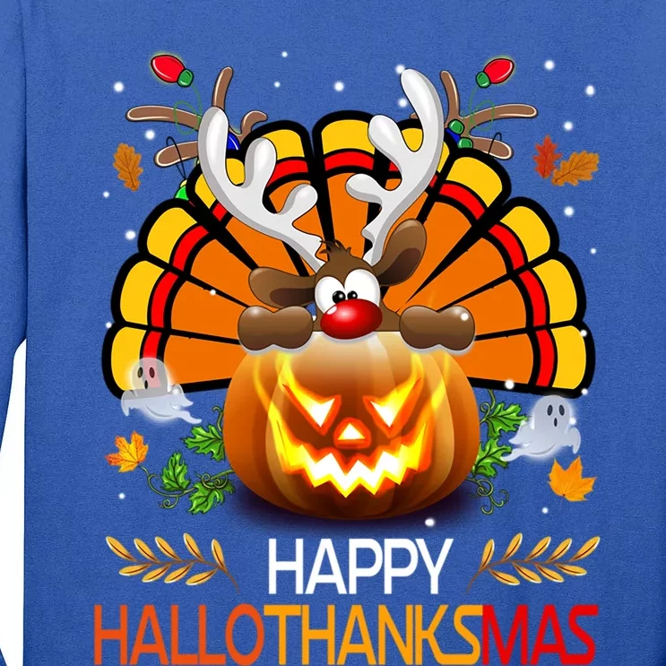 Happy Hallothanksmas Ghost Reindeer Pumpkin Christmas Santa Gift Tall Long Sleeve T-Shirt