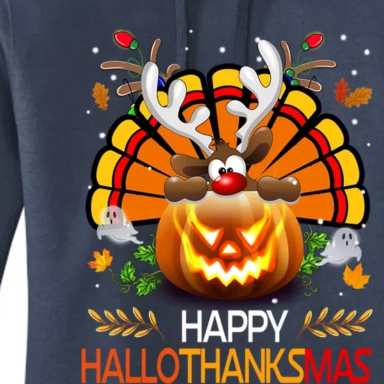 Happy Hallothanksmas Ghost Reindeer Pumpkin Christmas Santa Gift Women's Pullover Hoodie