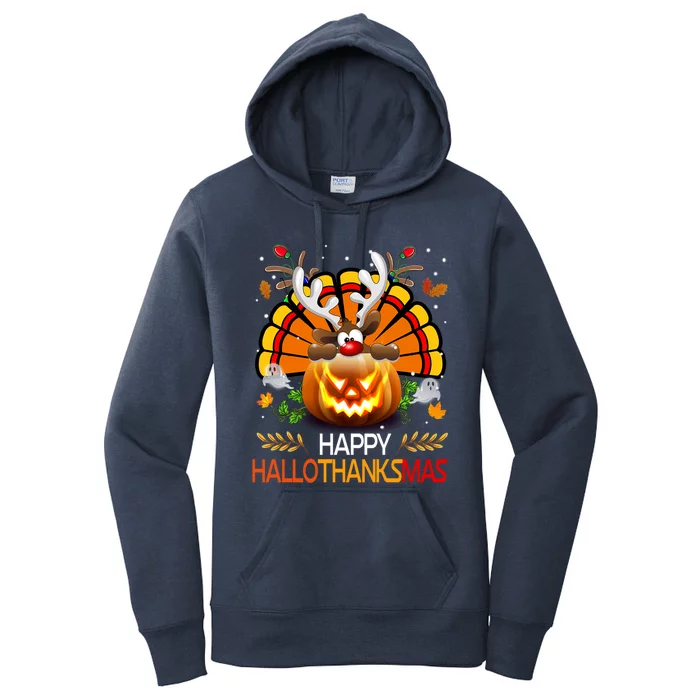 Happy Hallothanksmas Ghost Reindeer Pumpkin Christmas Santa Gift Women's Pullover Hoodie