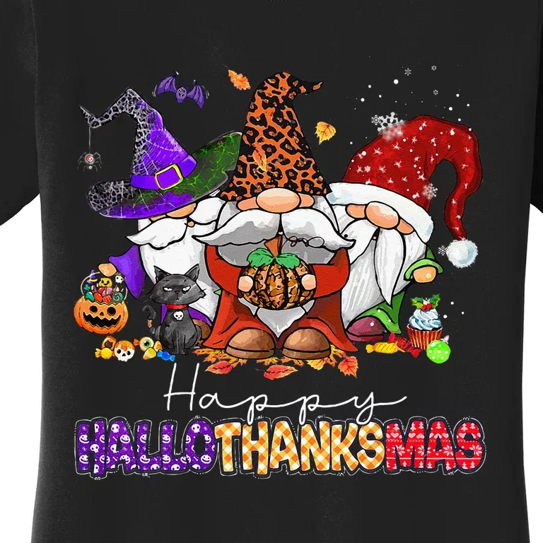 Happy Hallothanksmas Gnomes Halloween Thanksgiving Christmas Women's T-Shirt