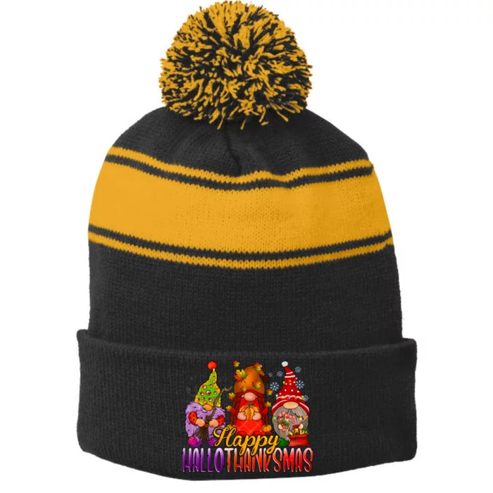 Happy Hallothanksmas Gnomes Halloween Christmas Thanksgiving Stripe Pom Pom Beanie