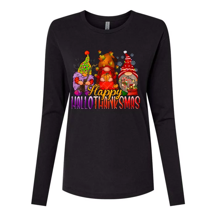 Happy Hallothanksmas Gnomes Halloween Christmas Thanksgiving Womens Cotton Relaxed Long Sleeve T-Shirt