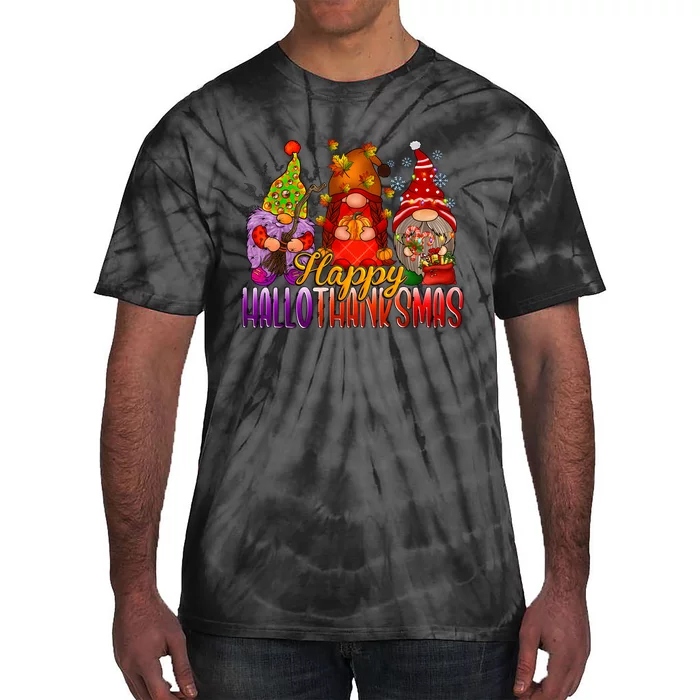 Happy Hallothanksmas Gnomes Halloween Christmas Thanksgiving Tie-Dye T-Shirt