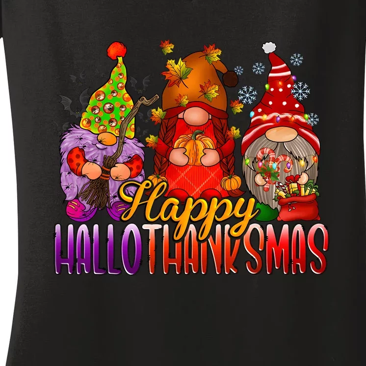 Happy Hallothanksmas Gnomes Halloween Christmas Thanksgiving Women's V-Neck T-Shirt