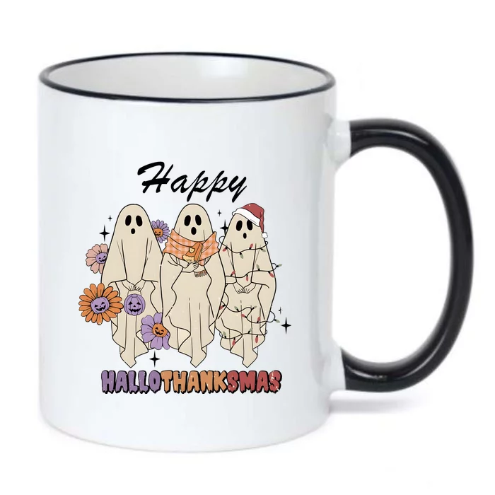 Happy Hallothanksmas Ghost Halloween Thanksgiving Christmas Black Color Changing Mug