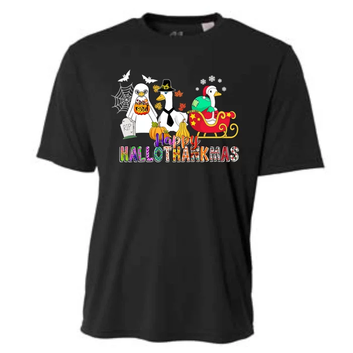 Happy Hallothankmas Goose Halloween Thanksgiving Christmas Cooling Performance Crew T-Shirt