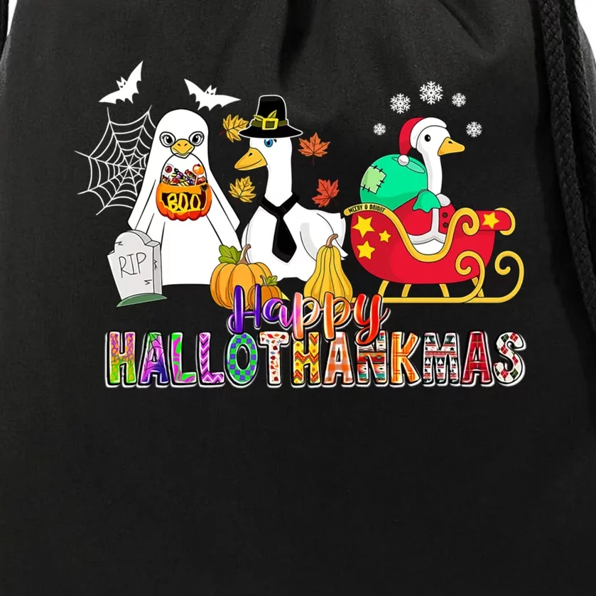 Happy Hallothankmas Goose Halloween Thanksgiving Christmas Drawstring Bag