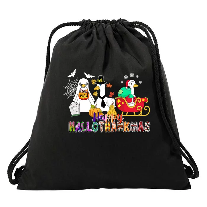 Happy Hallothankmas Goose Halloween Thanksgiving Christmas Drawstring Bag