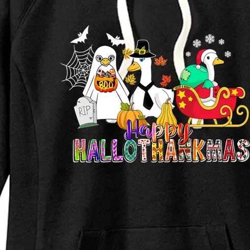 Happy Hallothankmas Goose Halloween Thanksgiving Christmas Women's Fleece Hoodie