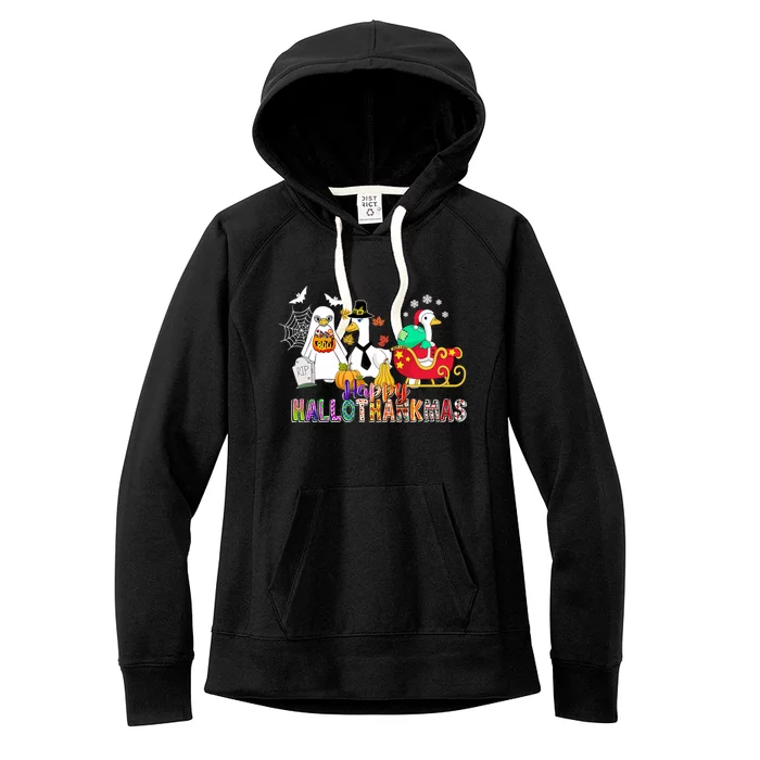 Happy Hallothankmas Goose Halloween Thanksgiving Christmas Women's Fleece Hoodie