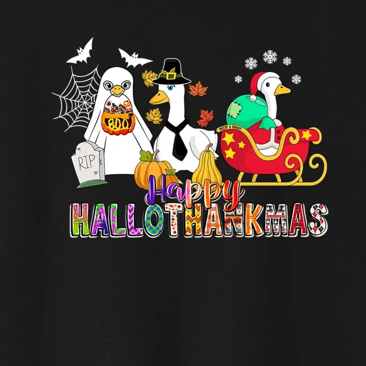 Happy Hallothankmas Goose Halloween Thanksgiving Christmas Women's Crop Top Tee