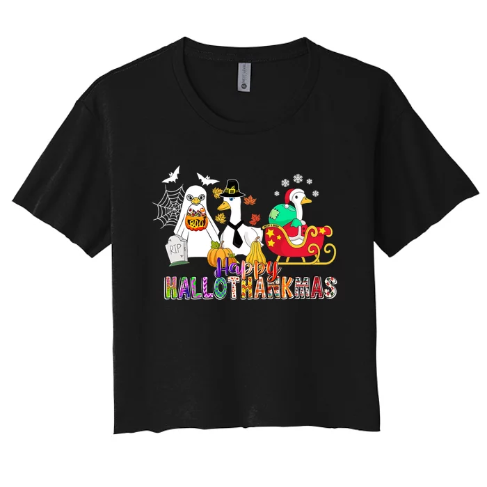 Happy Hallothankmas Goose Halloween Thanksgiving Christmas Women's Crop Top Tee